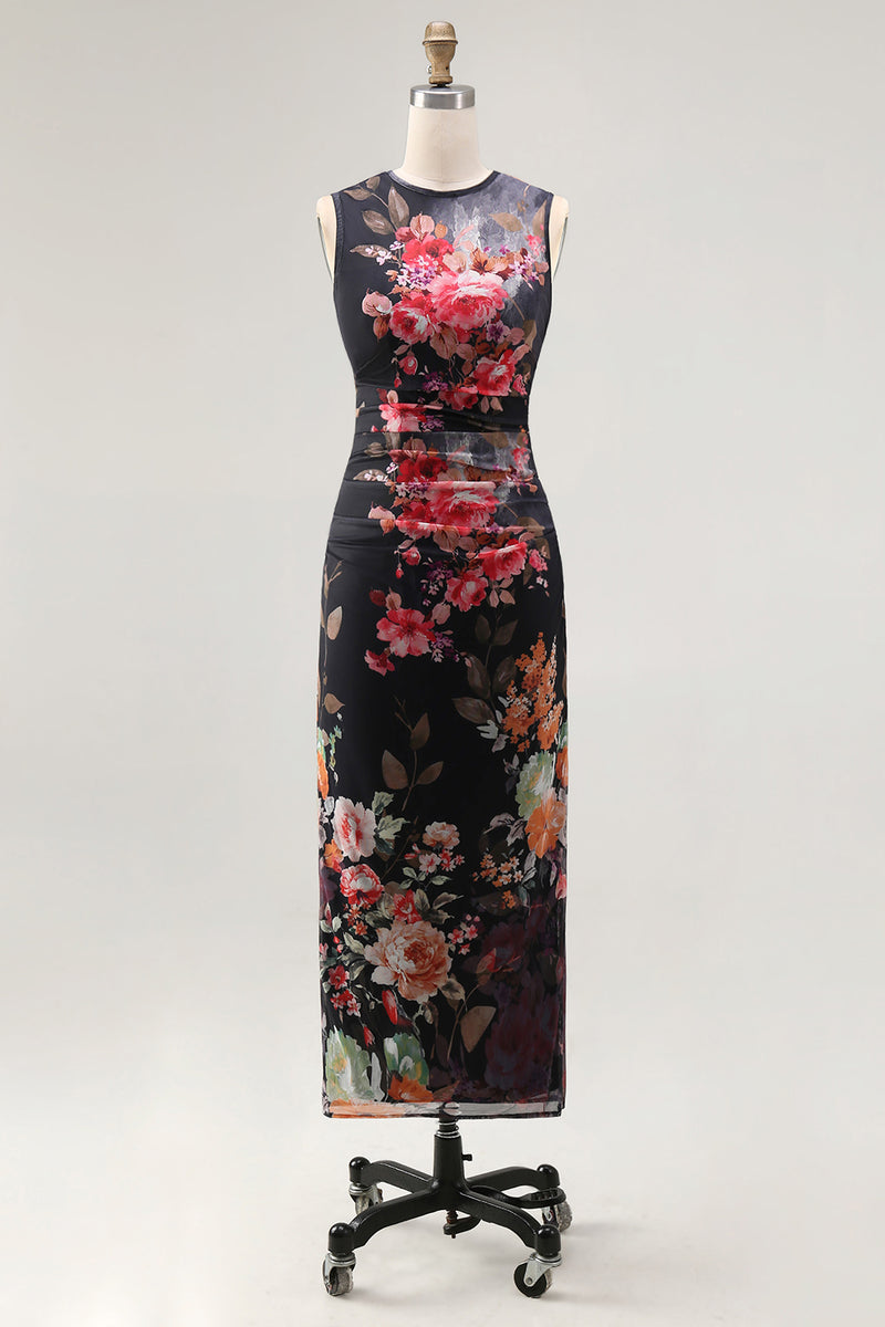 Laden Sie das Bild in den Galerie-Viewer, Tüll Schwarzes Bodycon Illusion Hals Gerafftes Blumen Midi-Kleid