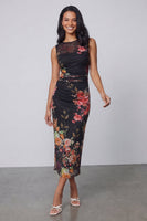 Laden Sie das Bild in den Galerie-Viewer, Tüll Schwarzes Bodycon Illusion Hals Gerafftes Blumen Midi-Kleid