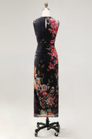 Laden Sie das Bild in den Galerie-Viewer, Tüll Schwarzes Bodycon Illusion Hals Gerafftes Blumen Midi-Kleid
