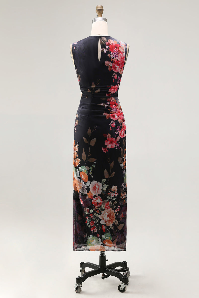 Laden Sie das Bild in den Galerie-Viewer, Tüll Schwarzes Bodycon Illusion Hals Gerafftes Blumen Midi-Kleid