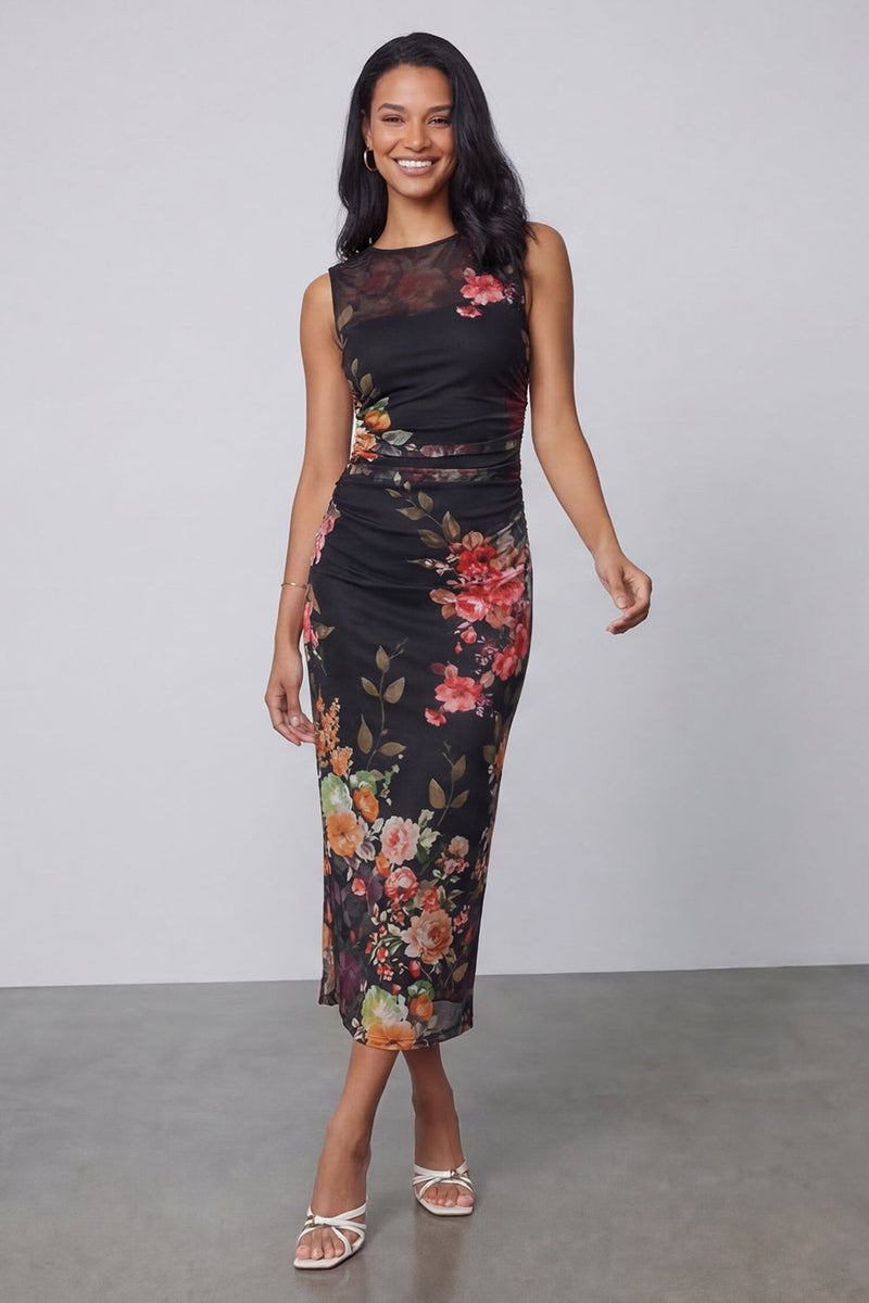 Laden Sie das Bild in den Galerie-Viewer, Tüll Schwarzes Bodycon Illusion Hals Gerafftes Blumen Midi-Kleid