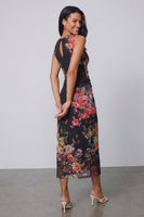 Laden Sie das Bild in den Galerie-Viewer, Tüll Schwarzes Bodycon Illusion Hals Gerafftes Blumen Midi-Kleid