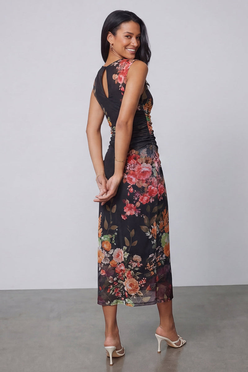 Laden Sie das Bild in den Galerie-Viewer, Tüll Schwarzes Bodycon Illusion Hals Gerafftes Blumen Midi-Kleid