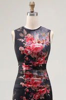 Laden Sie das Bild in den Galerie-Viewer, Tüll Schwarzes Bodycon Illusion Hals Gerafftes Blumen Midi-Kleid