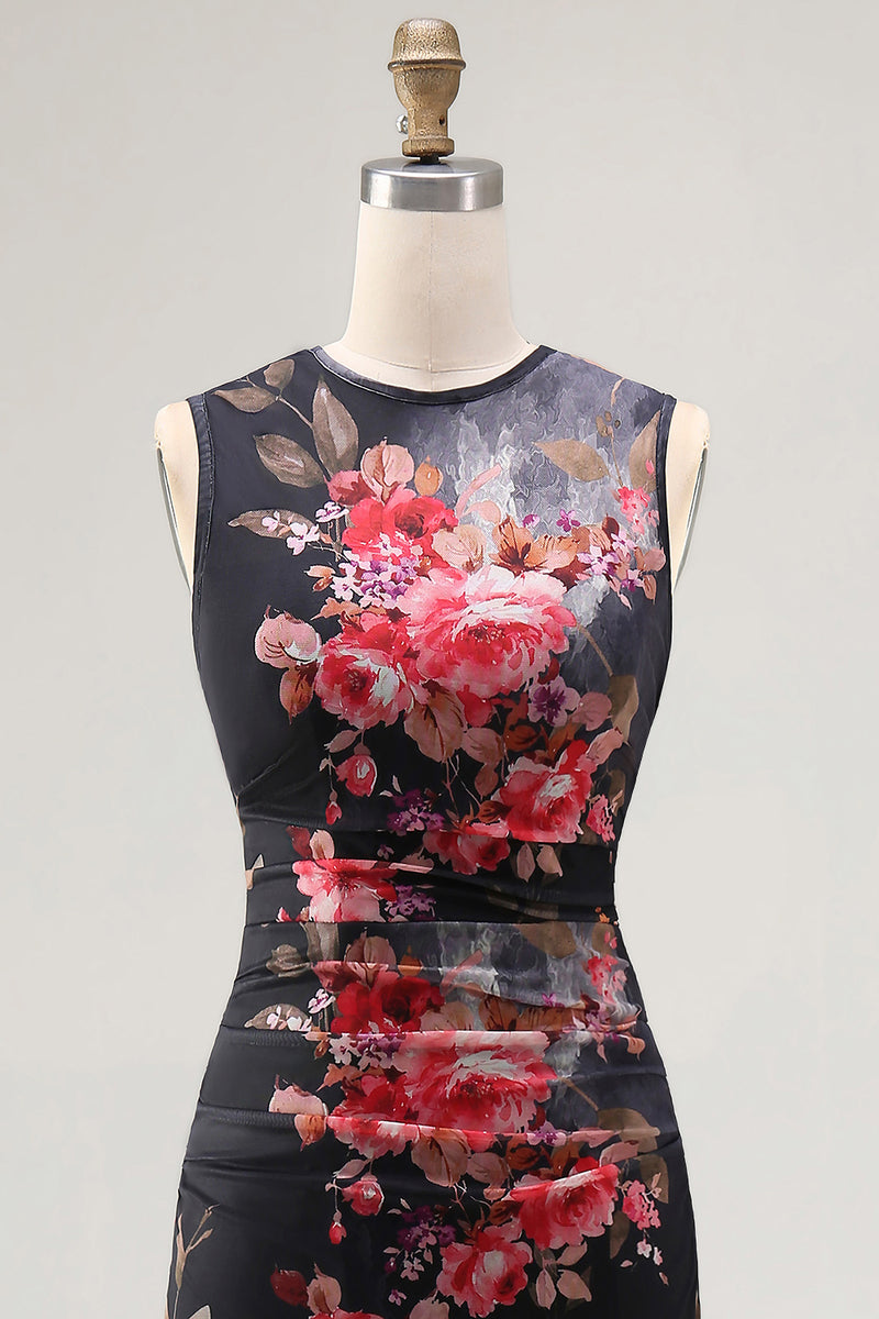 Laden Sie das Bild in den Galerie-Viewer, Tüll Schwarzes Bodycon Illusion Hals Gerafftes Blumen Midi-Kleid