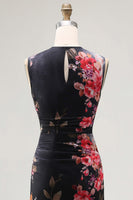 Laden Sie das Bild in den Galerie-Viewer, Tüll Schwarzes Bodycon Illusion Hals Gerafftes Blumen Midi-Kleid