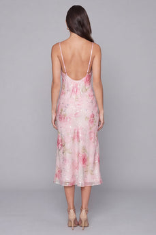 Glitzerndes Rosa Bodycon Spaghetti-Träger Pailletten Florales Midi-Kleid