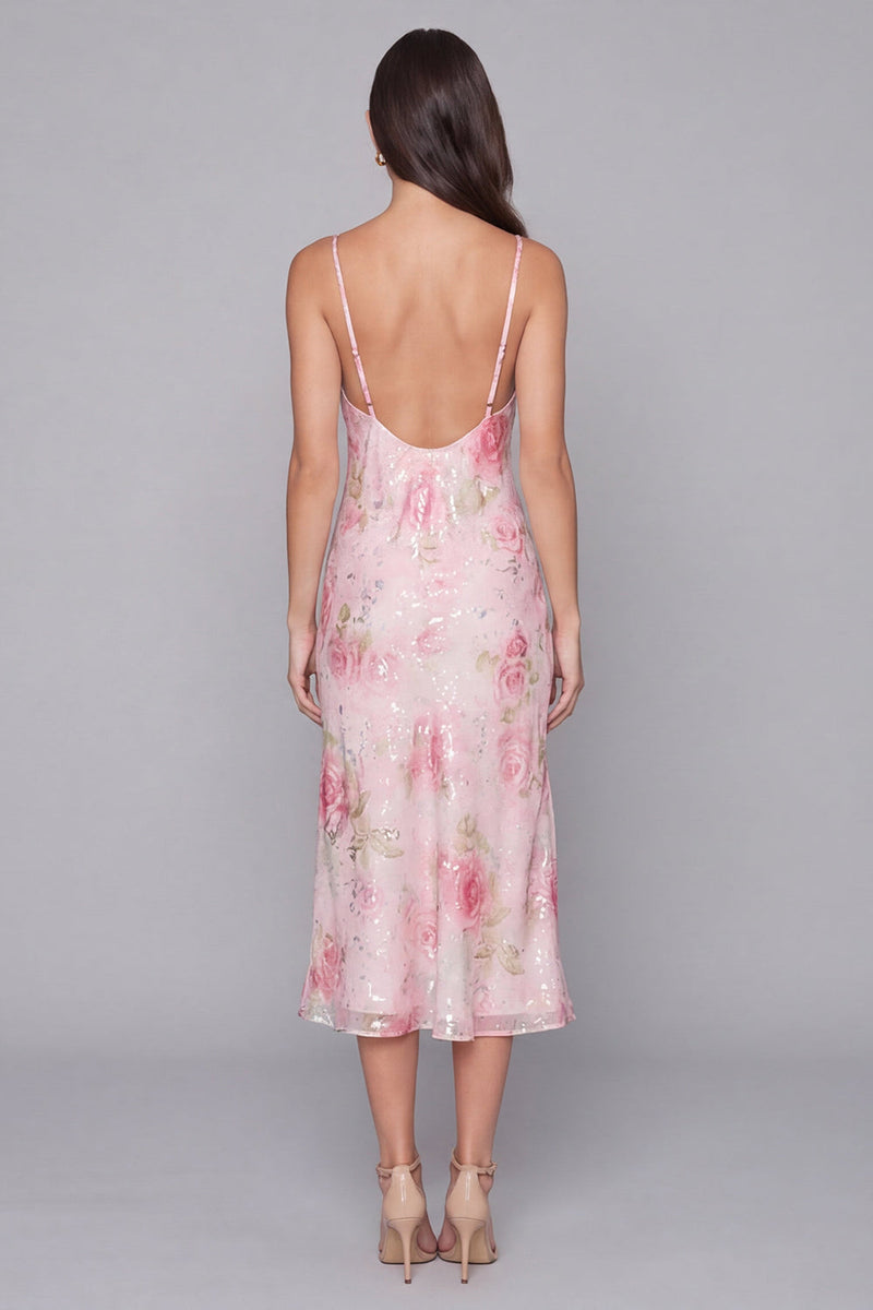 Laden Sie das Bild in den Galerie-Viewer, Glitzerndes Rosa Bodycon Spaghetti-Träger Pailletten Florales Midi-Kleid