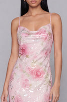 Laden Sie das Bild in den Galerie-Viewer, Glitzerndes Rosa Bodycon Spaghetti-Träger Pailletten Florales Midi-Kleid