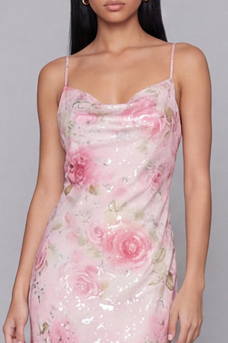Laden Sie das Bild in den Galerie-Viewer, Glitzerndes Rosa Bodycon Spaghetti-Träger Pailletten Florales Midi-Kleid