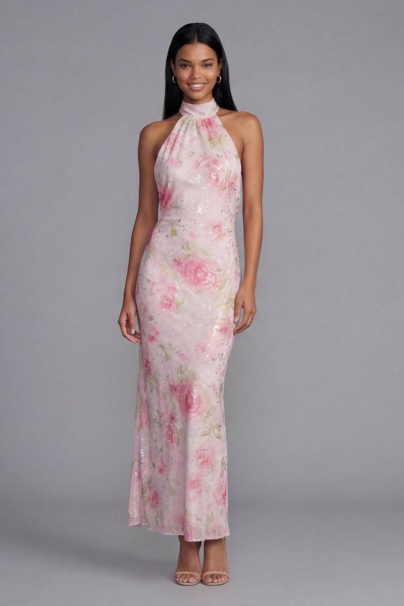 Laden Sie das Bild in den Galerie-Viewer, Glitzerndes Weißes Rosa Bodycon Hochzeitsgastkleid mit Blumenmuster und Pailletten
