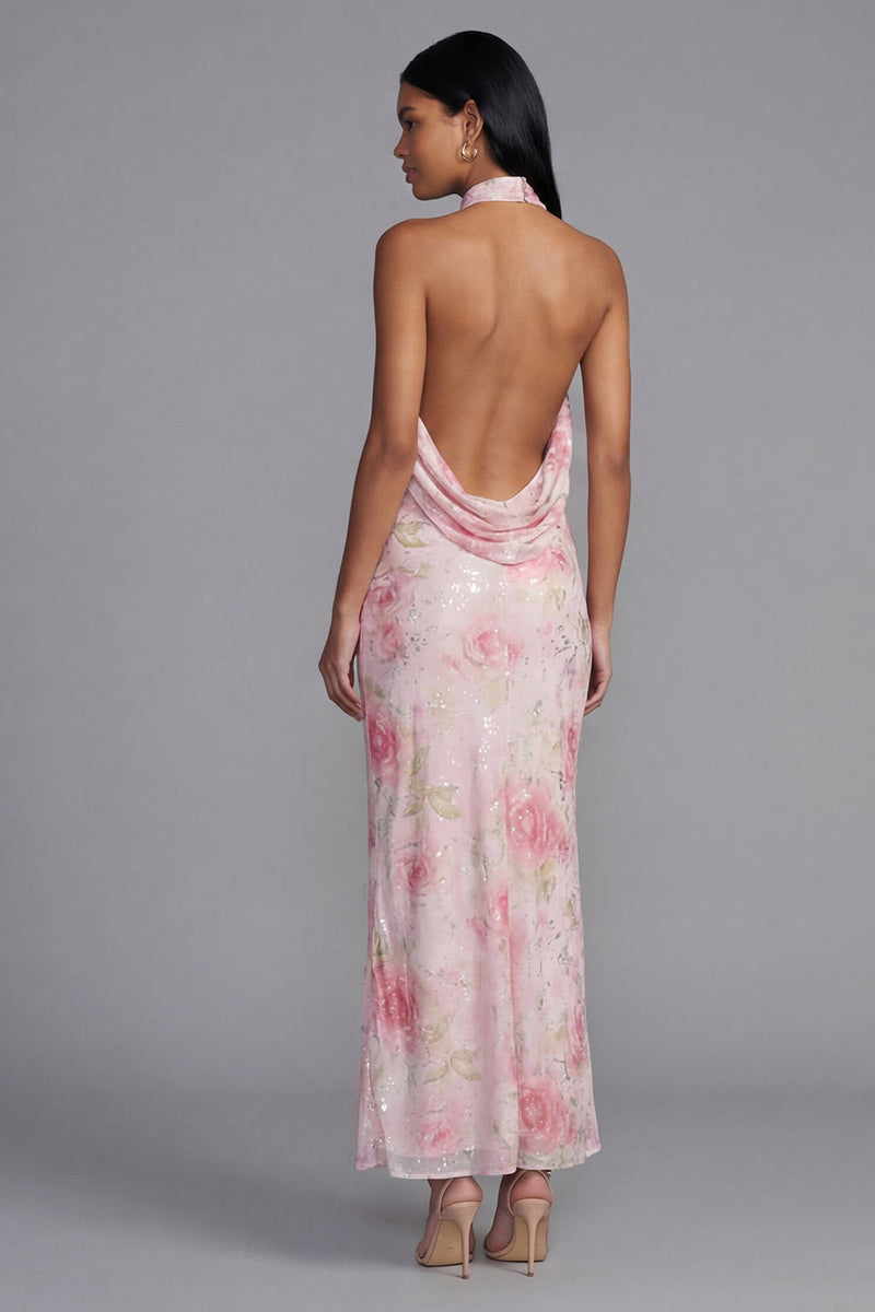 Laden Sie das Bild in den Galerie-Viewer, Glitzerndes Weißes Rosa Bodycon Hochzeitsgastkleid mit Blumenmuster und Pailletten