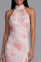Laden Sie das Bild in den Galerie-Viewer, Glitzerndes Weißes Rosa Bodycon Hochzeitsgastkleid mit Blumenmuster und Pailletten