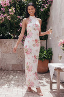 Laden Sie das Bild in den Galerie-Viewer, Glitzerndes Weißes Rosa Bodycon Hochzeitsgastkleid mit Blumenmuster und Pailletten