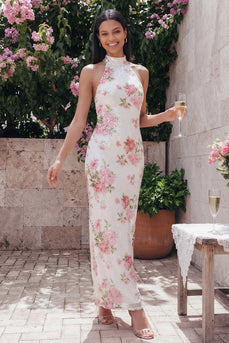 Glitzerndes Weißes Rosa Bodycon Hochzeitsgastkleid mit Blumenmuster und Pailletten