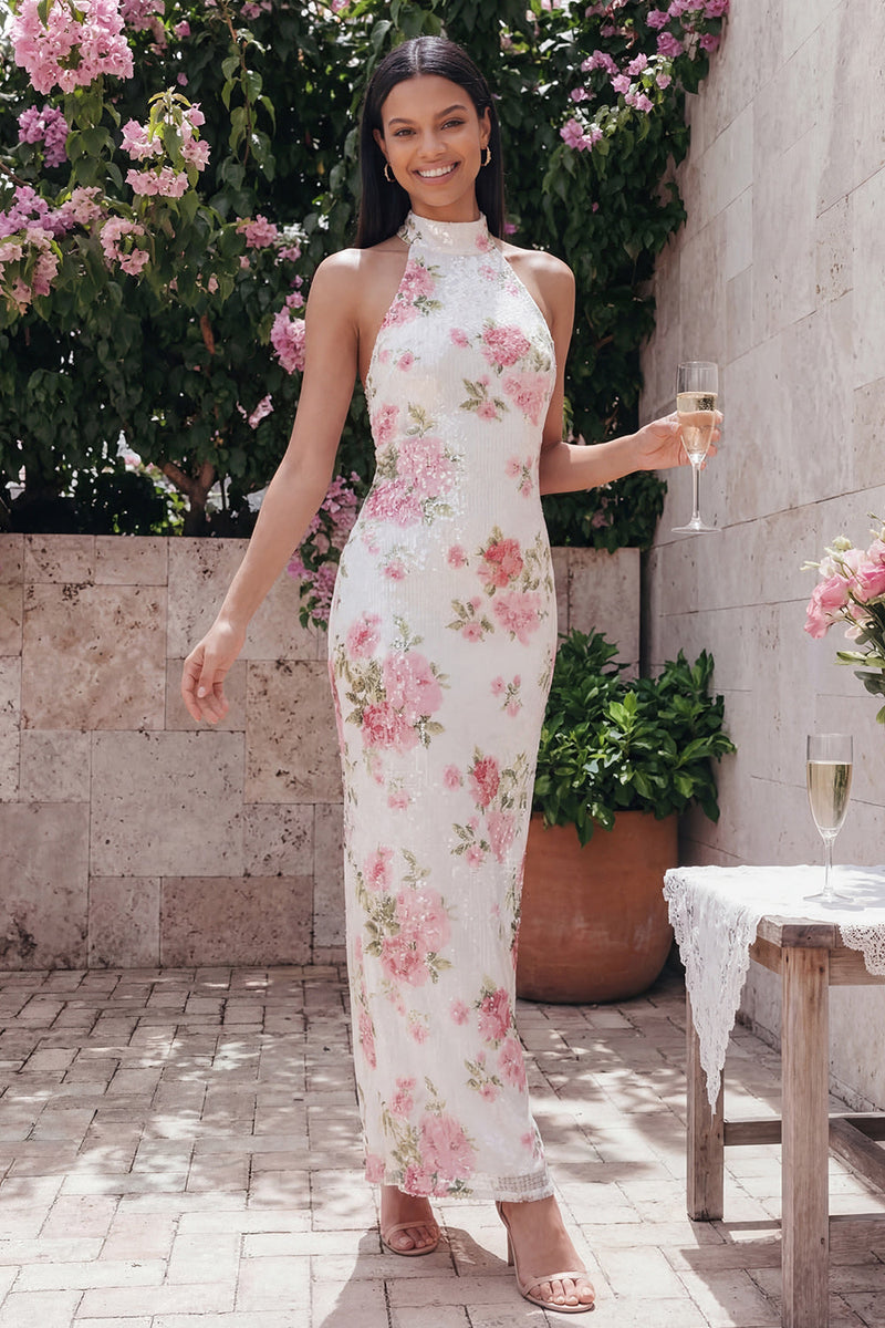 Laden Sie das Bild in den Galerie-Viewer, Glitzerndes Weißes Rosa Bodycon Hochzeitsgastkleid mit Blumenmuster und Pailletten