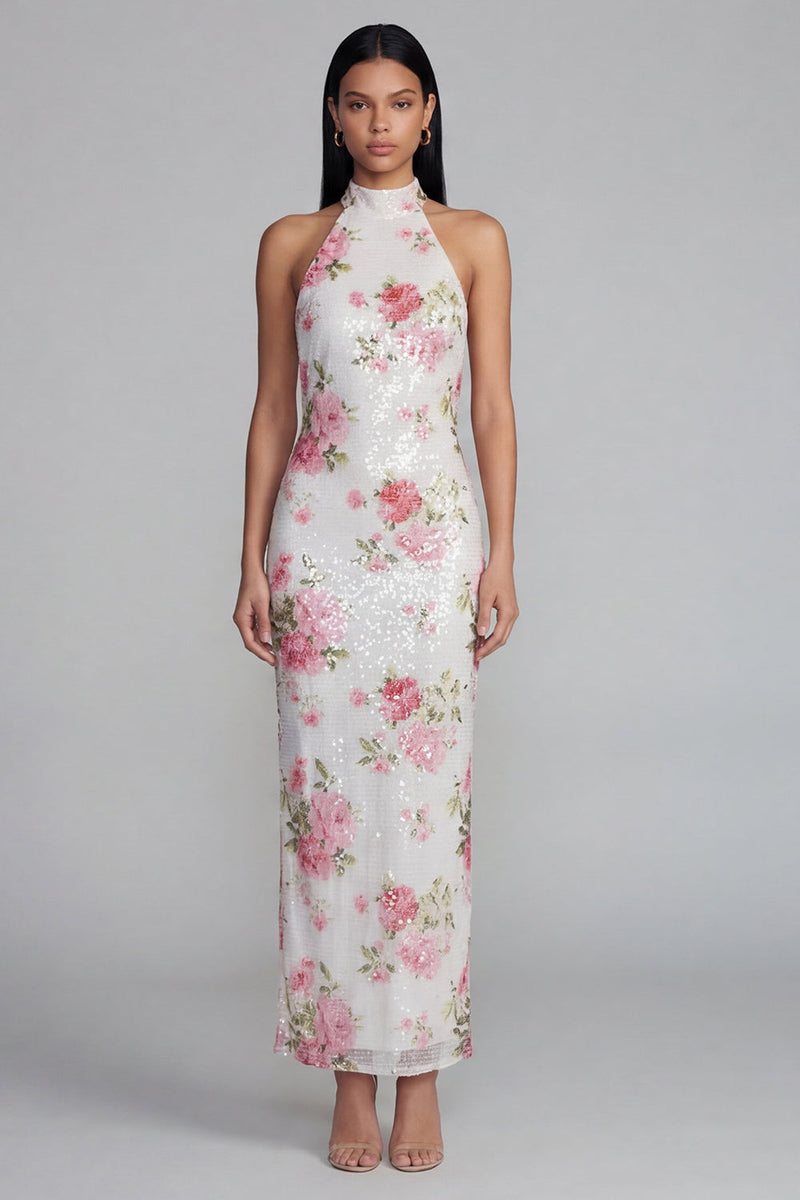 Laden Sie das Bild in den Galerie-Viewer, Glitzerndes Weißes Rosa Bodycon Hochzeitsgastkleid mit Blumenmuster und Pailletten