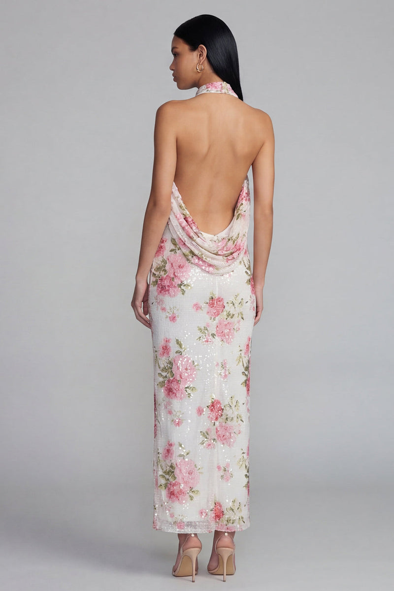 Laden Sie das Bild in den Galerie-Viewer, Glitzerndes Weißes Rosa Bodycon Hochzeitsgastkleid mit Blumenmuster und Pailletten