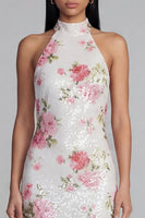 Laden Sie das Bild in den Galerie-Viewer, Glitzerndes Weißes Rosa Bodycon Hochzeitsgastkleid mit Blumenmuster und Pailletten
