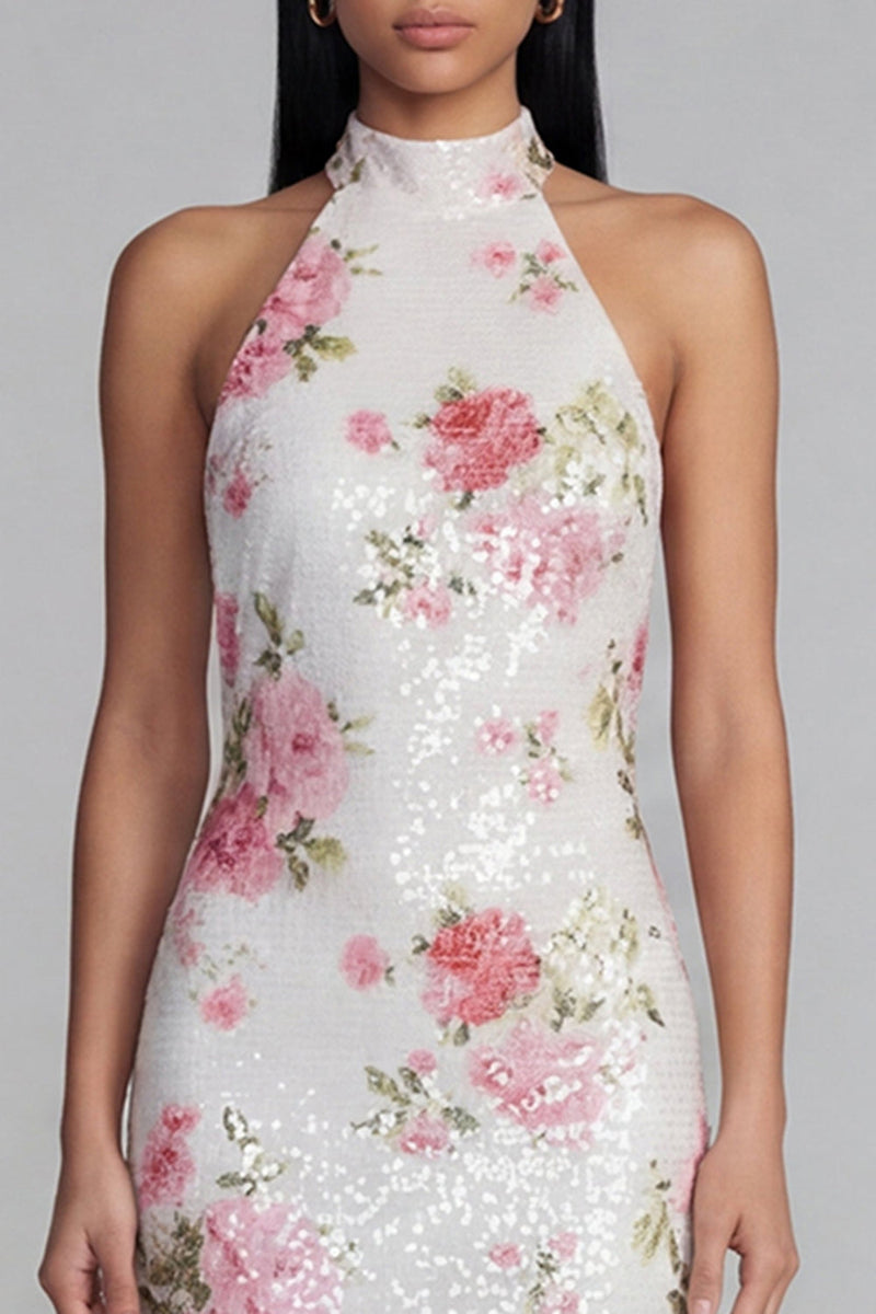 Laden Sie das Bild in den Galerie-Viewer, Glitzerndes Weißes Rosa Bodycon Hochzeitsgastkleid mit Blumenmuster und Pailletten
