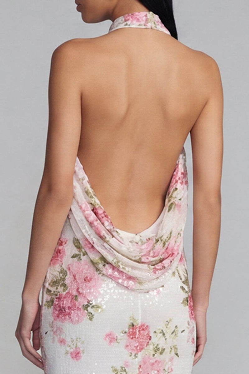 Laden Sie das Bild in den Galerie-Viewer, Glitzerndes Weißes Rosa Bodycon Hochzeitsgastkleid mit Blumenmuster und Pailletten