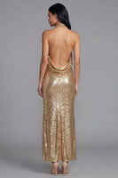 Laden Sie das Bild in den Galerie-Viewer, Glitzerndes Goldenes Bodycon Neckholder Maxi Paillettenkleid mit Schlitz