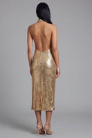 Laden Sie das Bild in den Galerie-Viewer, Glitzerndes Neckholder Gold Bodycon Rückenloses Midi Paillettenkleid mit Schlitz
