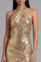 Laden Sie das Bild in den Galerie-Viewer, Glitzerndes Neckholder Gold Bodycon Rückenloses Midi Paillettenkleid mit Schlitz
