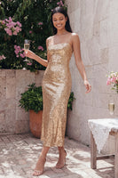 Laden Sie das Bild in den Galerie-Viewer, Glitzerndes Goldenes Bodycon Spaghetti-Träger Midi-Kleid mit Pailletten