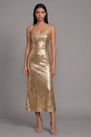 Laden Sie das Bild in den Galerie-Viewer, Glitzerndes Goldenes Bodycon Spaghetti-Träger Midi-Kleid mit Pailletten