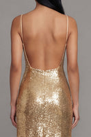 Laden Sie das Bild in den Galerie-Viewer, Glitzerndes Goldenes Bodycon Spaghetti-Träger Midi-Kleid mit Pailletten