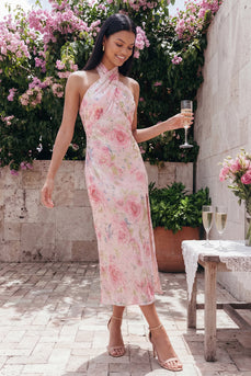 Glitzerndes Rosa Tüll Neckholder Bodycon Midi Blumenkleid mit Schlitz
