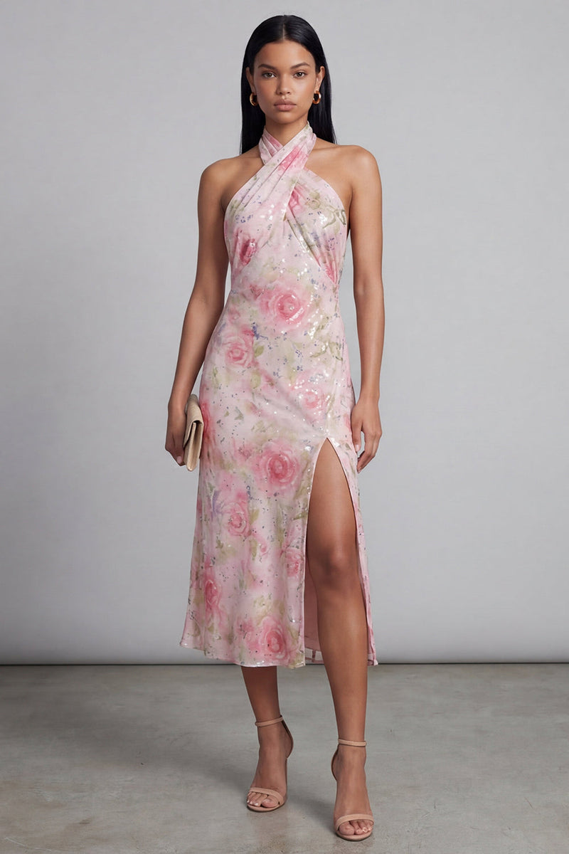 Laden Sie das Bild in den Galerie-Viewer, Glitzerndes Rosa Tüll Neckholder Bodycon Midi Blumenkleid mit Schlitz