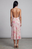 Laden Sie das Bild in den Galerie-Viewer, Glitzerndes Rosa Tüll Neckholder Bodycon Midi Blumenkleid mit Schlitz