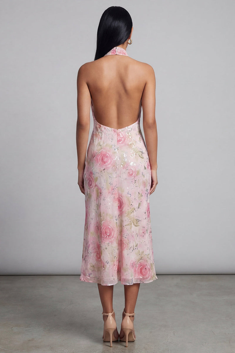 Laden Sie das Bild in den Galerie-Viewer, Glitzerndes Rosa Tüll Neckholder Bodycon Midi Blumenkleid mit Schlitz