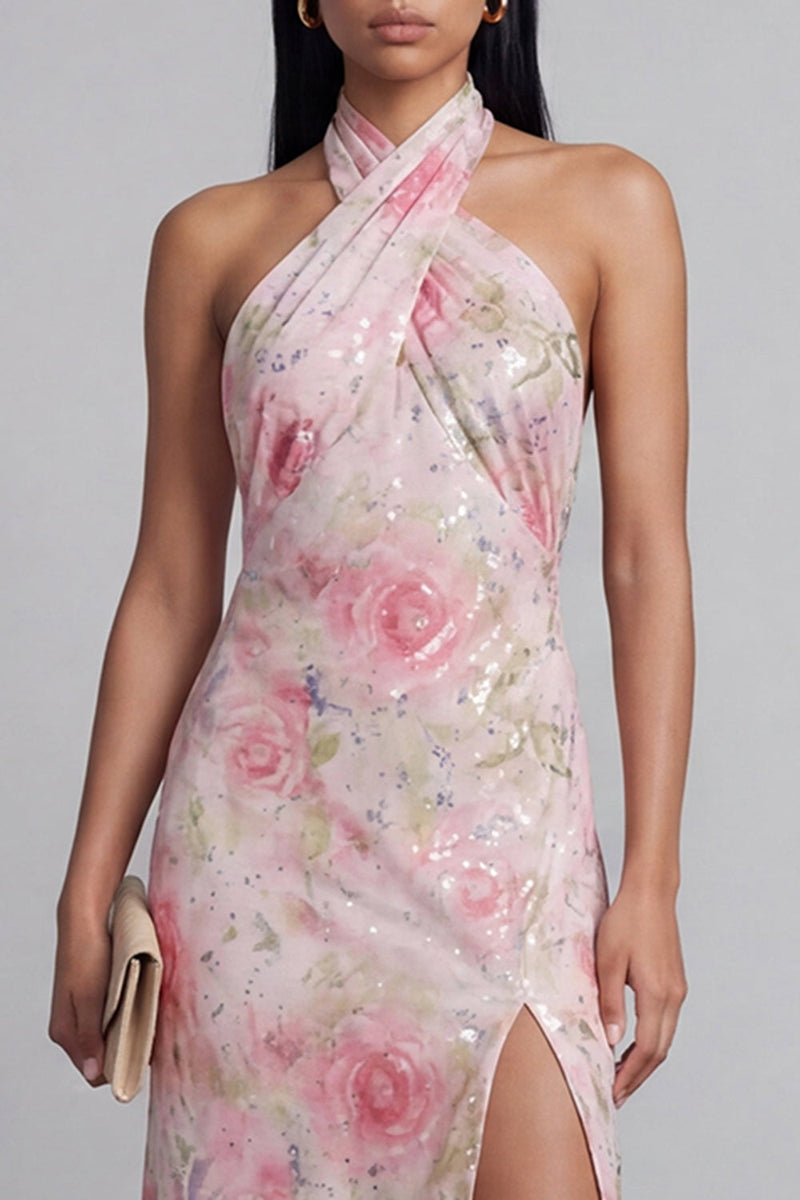 Laden Sie das Bild in den Galerie-Viewer, Glitzerndes Rosa Tüll Neckholder Bodycon Midi Blumenkleid mit Schlitz