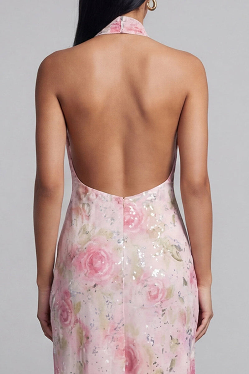 Laden Sie das Bild in den Galerie-Viewer, Glitzerndes Rosa Tüll Neckholder Bodycon Midi Blumenkleid mit Schlitz
