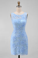 Laden Sie das Bild in den Galerie-Viewer, Blaues Tüll Rundhals Bodycon Mini Blumenkleid mit Spitzenapplikationen