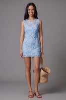 Laden Sie das Bild in den Galerie-Viewer, Blaues Tüll Rundhals Bodycon Mini Blumenkleid mit Spitzenapplikationen