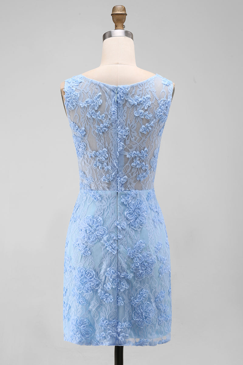Laden Sie das Bild in den Galerie-Viewer, Blaues Tüll Rundhals Bodycon Mini Blumenkleid mit Spitzenapplikationen