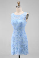 Laden Sie das Bild in den Galerie-Viewer, Blaues Tüll Rundhals Bodycon Mini Blumenkleid mit Spitzenapplikationen