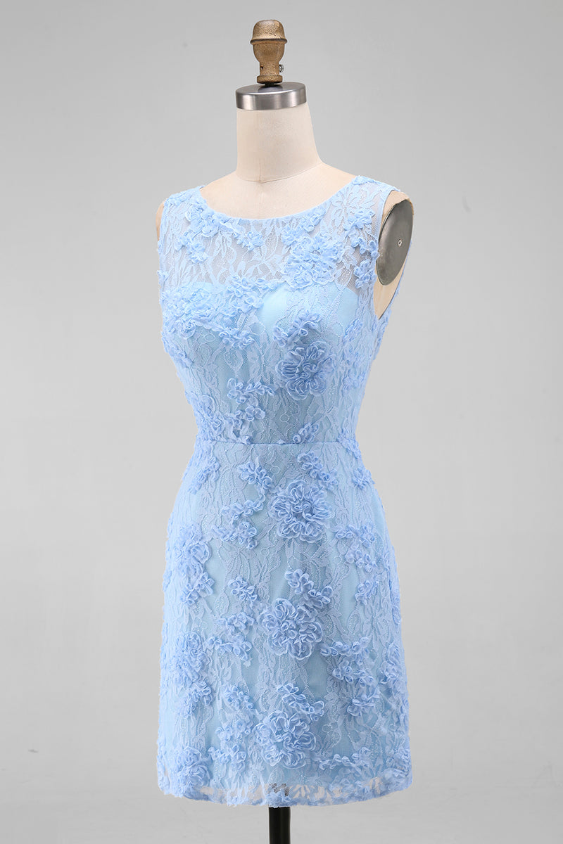 Laden Sie das Bild in den Galerie-Viewer, Blaues Tüll Rundhals Bodycon Mini Blumenkleid mit Spitzenapplikationen