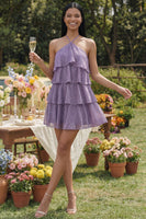 Laden Sie das Bild in den Galerie-Viewer, Weißes Rosa Chiffon Neckholder Muster A-Linie Blumen Minikleid
