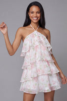 Laden Sie das Bild in den Galerie-Viewer, Weißes Rosa Chiffon Neckholder Muster A-Linie Blumen Minikleid