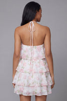 Laden Sie das Bild in den Galerie-Viewer, Weißes Rosa Chiffon Neckholder Muster A-Linie Blumen Minikleid