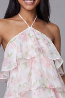 Laden Sie das Bild in den Galerie-Viewer, Weißes Rosa Chiffon Neckholder Muster A-Linie Blumen Minikleid