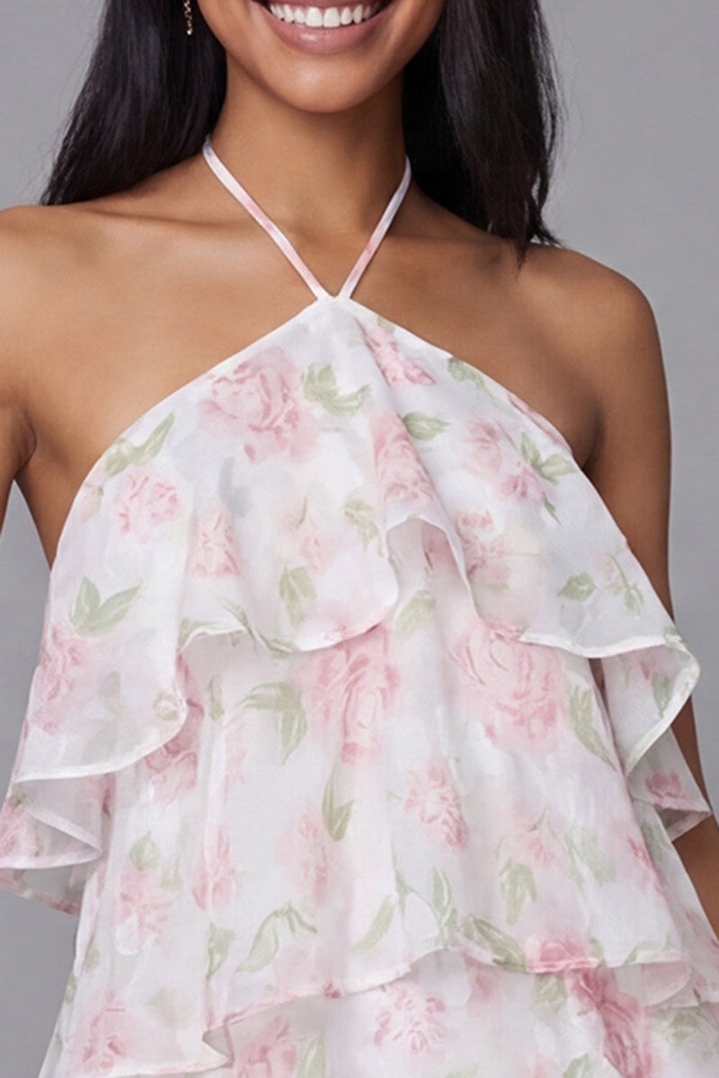 Laden Sie das Bild in den Galerie-Viewer, Weißes Rosa Chiffon Neckholder Muster A-Linie Blumen Minikleid