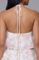 Laden Sie das Bild in den Galerie-Viewer, Weißes Rosa Chiffon Neckholder Muster A-Linie Blumen Minikleid