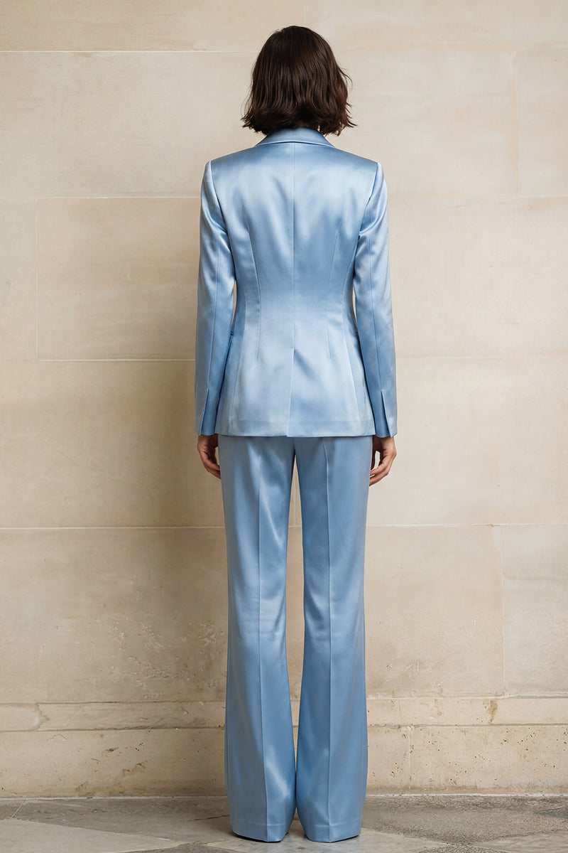 Laden Sie das Bild in den Galerie-Viewer, 2-teilige blaue einreihige Satin-Revers-Damenanzüge mit Taschen