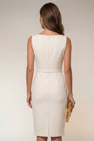 Laden Sie das Bild in den Galerie-Viewer, Elfenbeinfarbener Bodycon Bateau-Ausschnitt Midi-Arbeitskleid mit ärmellosem Kleid